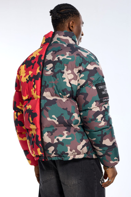 Custom Oversized Split Camo Puffer Jacket - Green & Red Camo High Street Outerwear