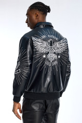 Custom Oversized Black Leather Biker Jacket - Rhinestone "LW" Graphic High Street Coat