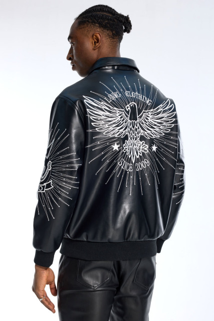 Custom Oversized Black Leather Biker Jacket - Rhinestone "LW" Graphic High Street Coat