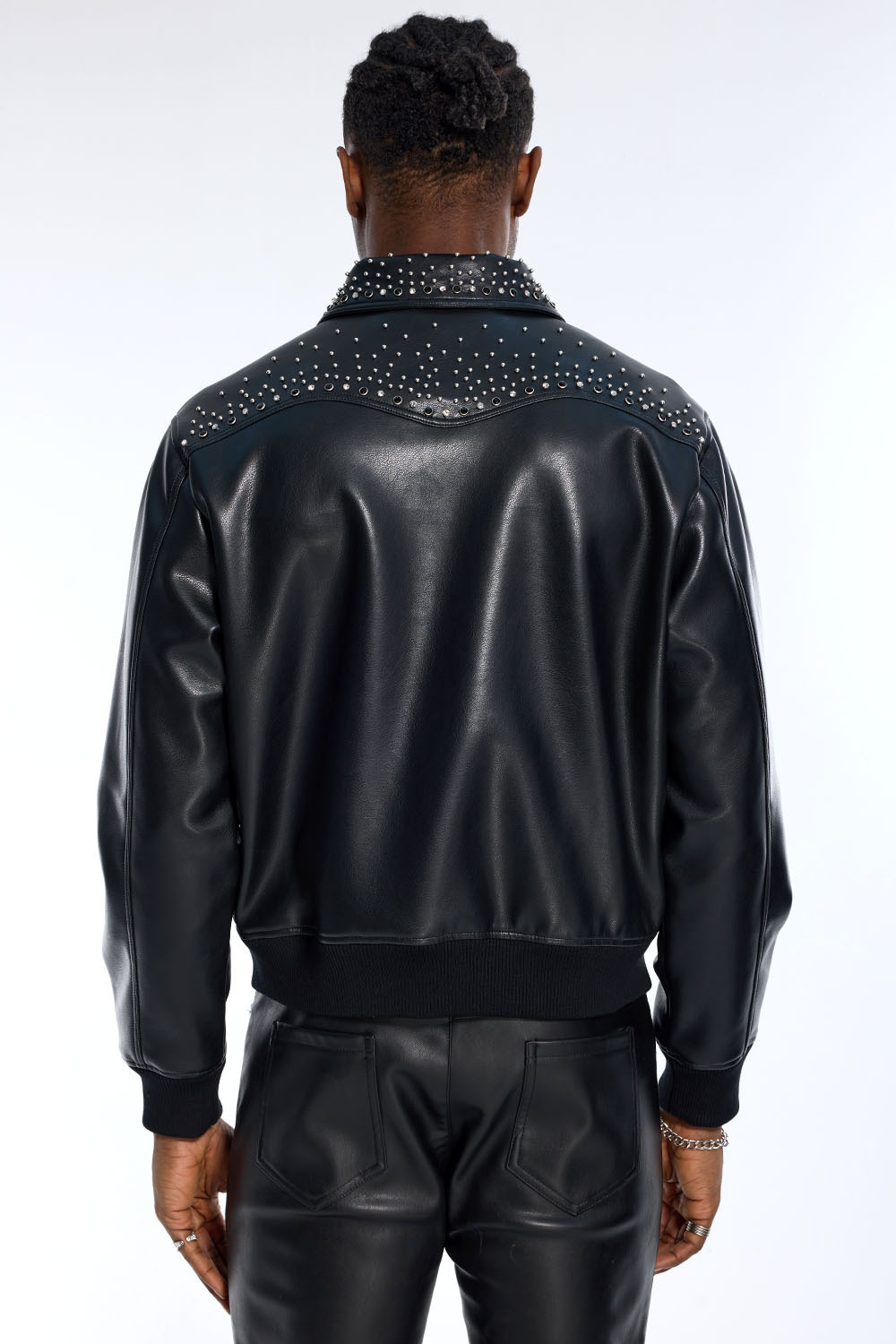 Custom Men's Black Faux Leather Jacket - Studded Collar & Pocket Streetwear Bomber