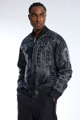 Custom Oversized Black Leather Bomber Jacket - White Stitch Building Graphic High Street Coat