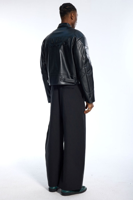 Custom Vintage Black Leather Jacket - Padded Shoulder & Embossed Sleeve Detail