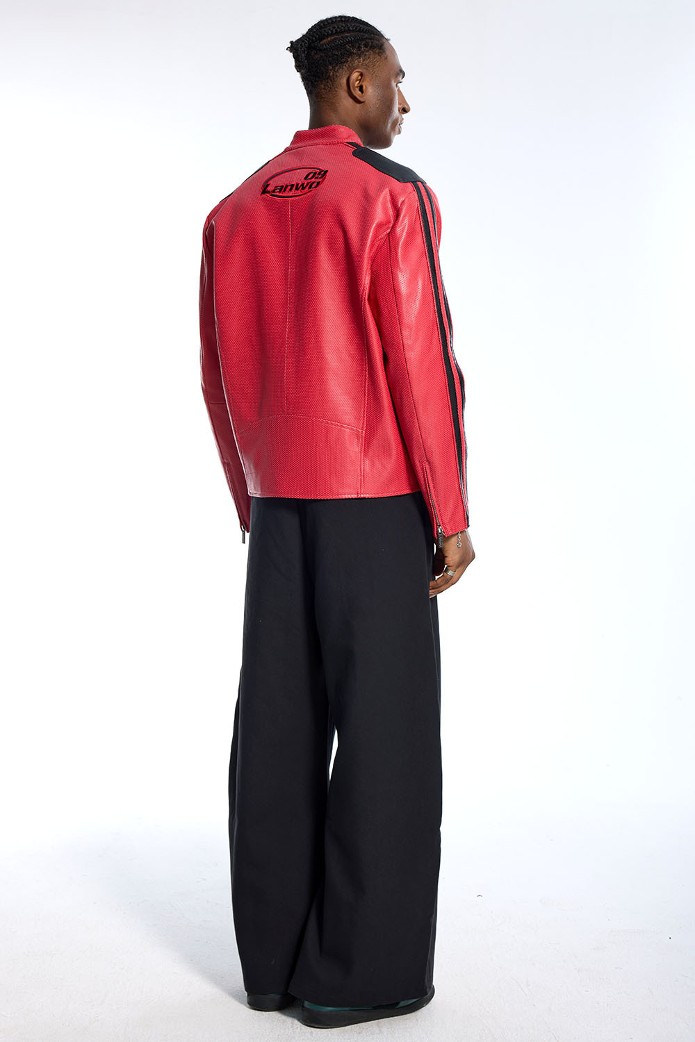 Custom Vintage Red Leather Jacket - Stand Collar & Contrast Panel Detail
