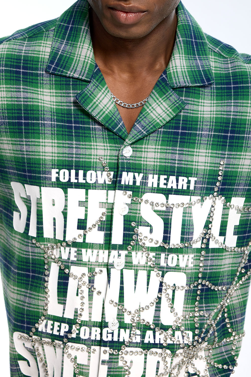 Wholesale Custom Green Plaid Rhinestone Streetwear Shirt - OEM Fake Two-Piece Button Up