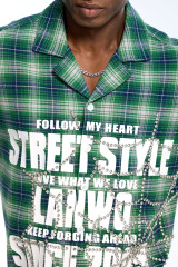 Wholesale Custom Green Plaid Rhinestone Streetwear Shirt - OEM Fake Two-Piece Button Up