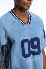 Custom Oversized Light Wash Denim Sports Jersey with Star Patch & Lanwo Story Embroidery