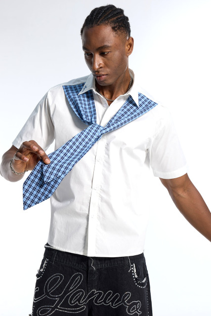 Custom Men's White Short Sleeve Shirt with Blue Plaid Tie Detail - Streetwear Button Down