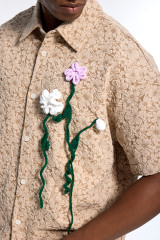 Custom Men's Beige Floral Embossed Shirt with Crochet Flower Applique - Short Sleeve Streetwear Top