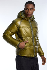 Custom Men's Olive Green Shiny Puffer Jacket - Cropped Hooded Winter Padded Coat