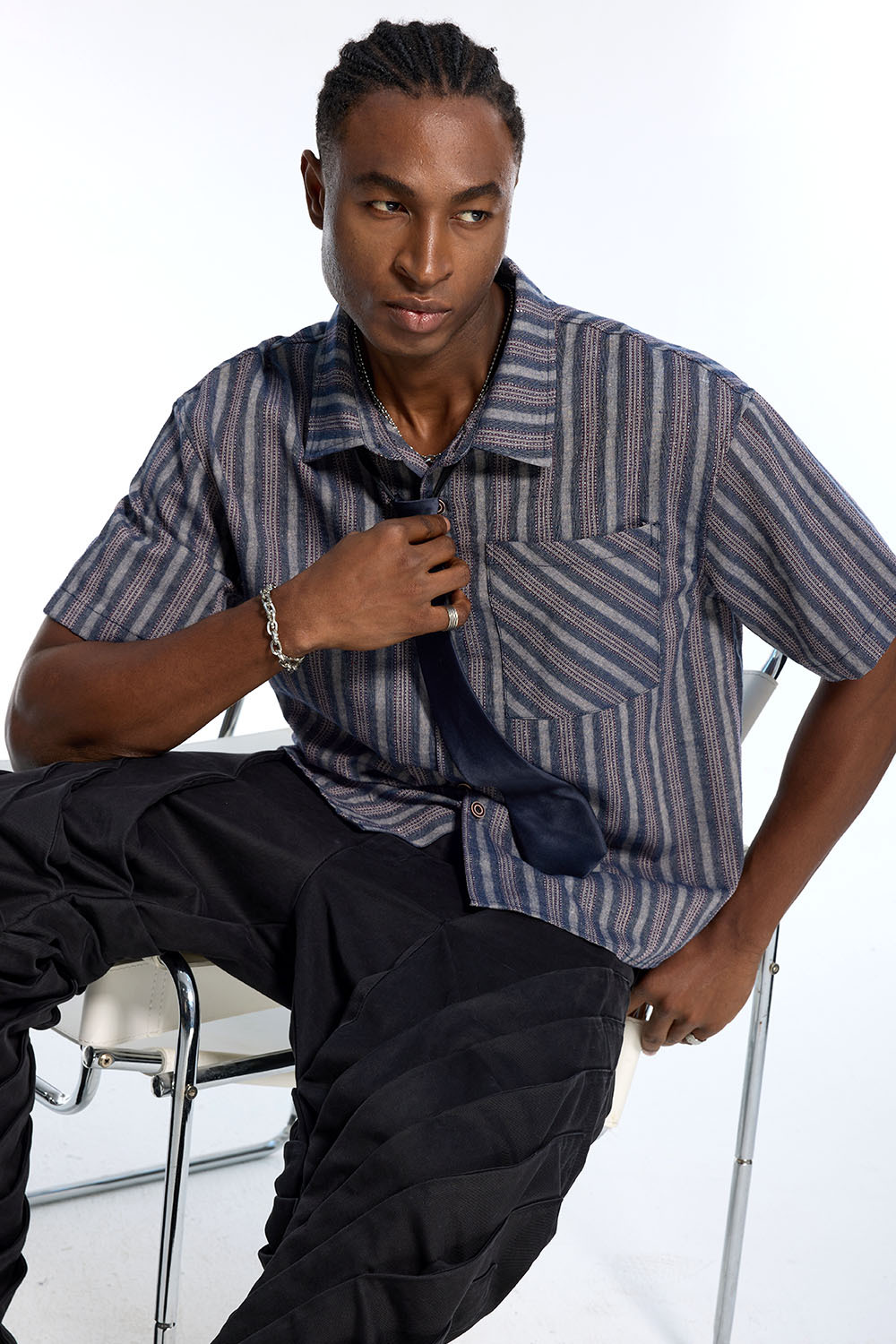 Custom Men's Blue Striped Short Sleeve Shirt with Tie Accent - Streetwear Button Down