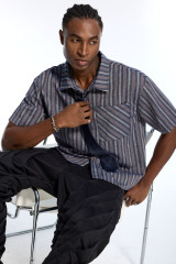 Custom Men's Blue Striped Short Sleeve Shirt with Tie Accent - Streetwear Button Down