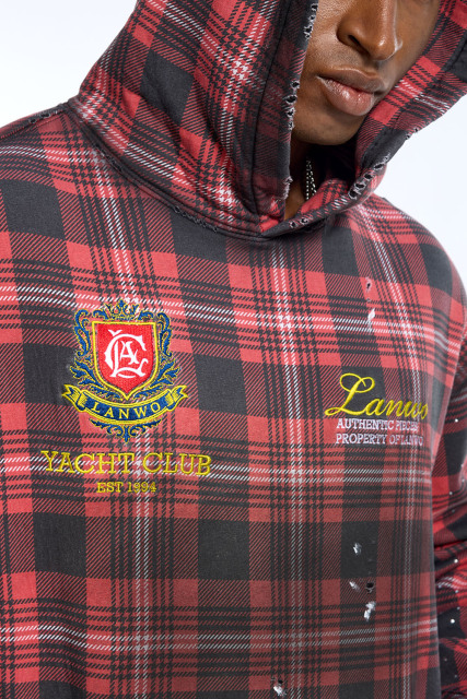 Custom Men's Red Black Plaid LANWO Yacht Club Hoodie - Vintage Distressed Sweatshirt