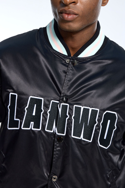 Custom Men's Black Satin LANWO Varsity Jacket - Striped Rib Streetwear Bomber