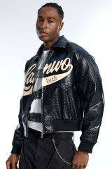 Custom Men's Black Crocodile Embossed LANWO Varsity Jacket - Leather Streetwear Bomber