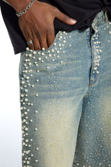 Custom Oversized Pearl Beaded Denim Shorts - High Street Rhinestone Embellished Baggy Jean Shorts