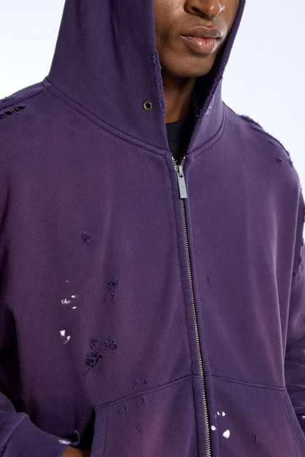 Custom Men's Purple Distressed Zip-Up Hoodie - Oversized Paint Splatter Streetwear Jacket