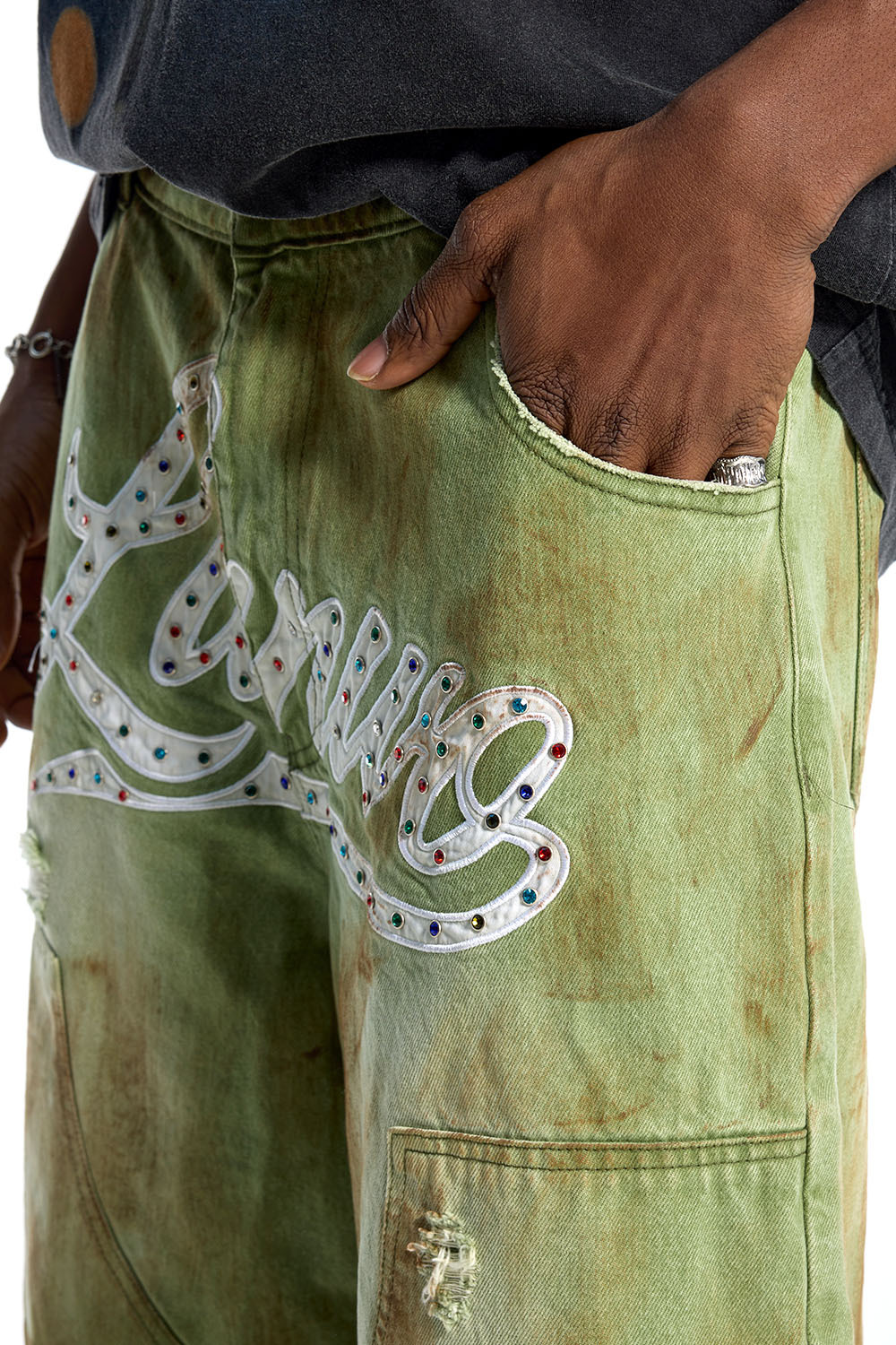 Wholesale Custom Green Denim Shorts - OEM LANWO Rhinestone Embellished Baggy Shorts