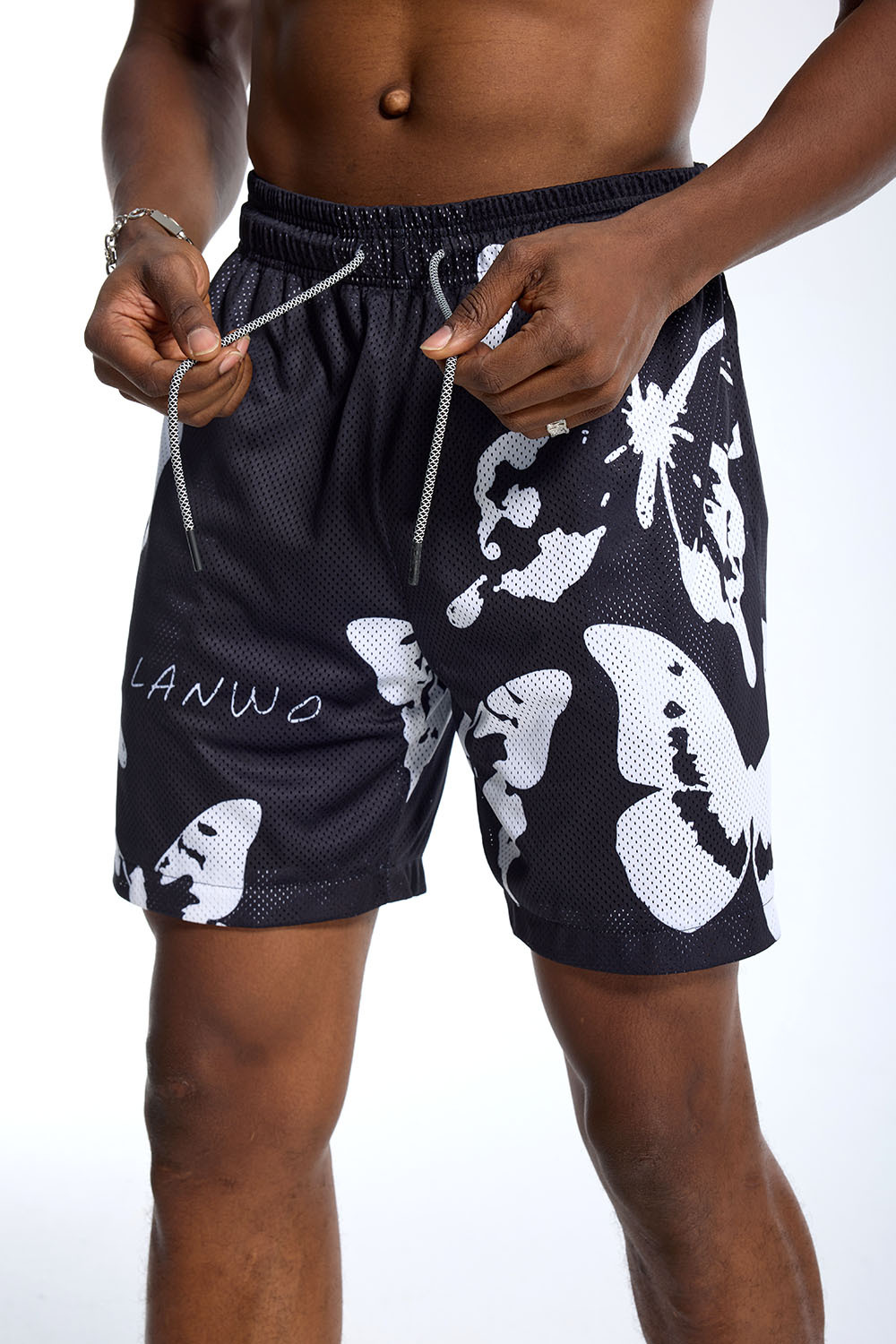 Custom Men's Black Mesh Butterfly Print Shorts - LANWO Script Streetwear Shorts
