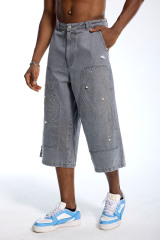 Custom Oversized Grey Washed Denim Shorts - Distressed Spider Web & Pearl Detail Baggy Shorts