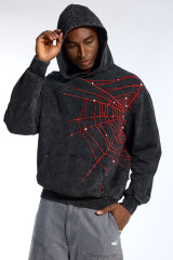 Custom Men's Black Washed Hoodie - Red Spider Web Embroidery & Pearl Embellished Streetwear Pullover