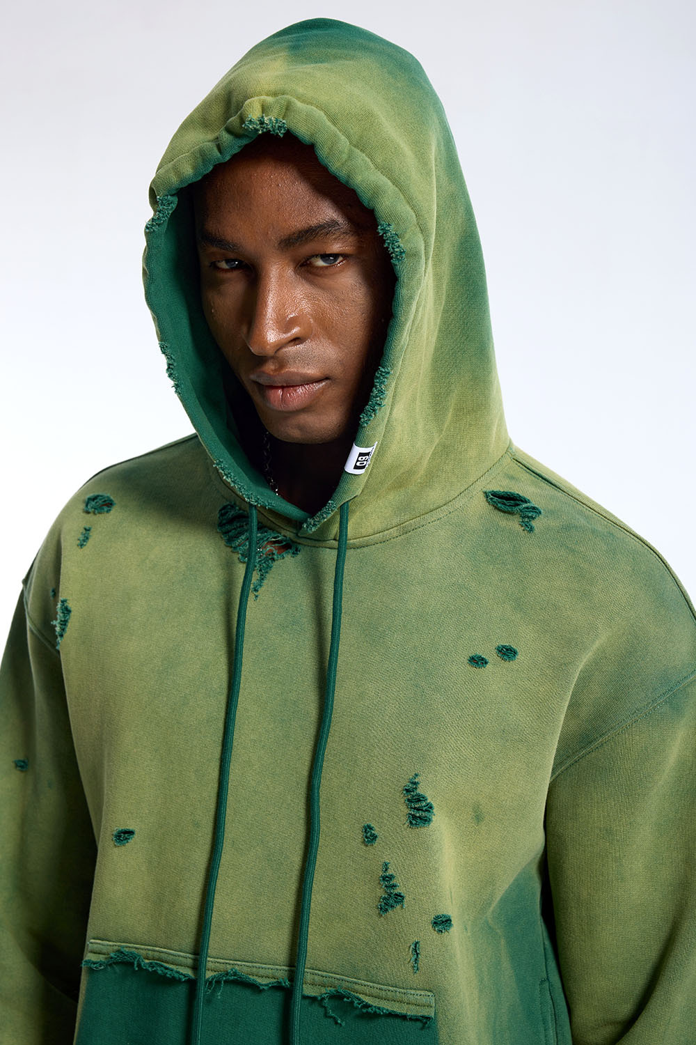 Custom Oversized Green Two-Tone Hoodie - Ripped Detail & Contrast Pocket Streetwear Sweatshirt