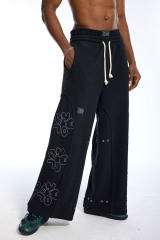 Custom Men's Black Wide Leg Sweatpants  Floral Embroidery & Eyelet Detail Streetwear Pants