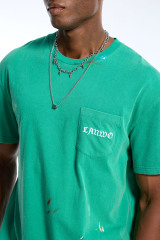 Custom Men's Green Paint Splatter Pocket T-Shirt  Gothic Script Streetwear Tee