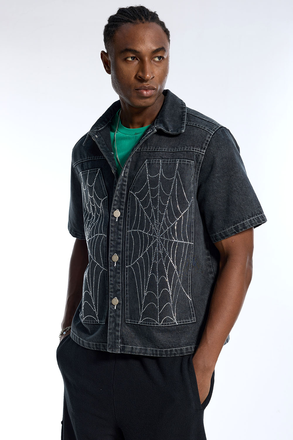 Custom Men's Black Denim Short Sleeve Shirt - Rhinestone Spider Web Embellished Streetwear Top