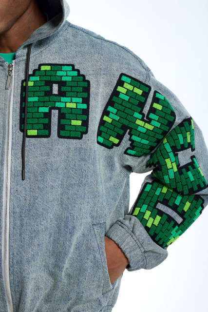 Custom Men's Denim Zip-Up Hoodie Pixelated Chenille Lettering Streetwear Jacket