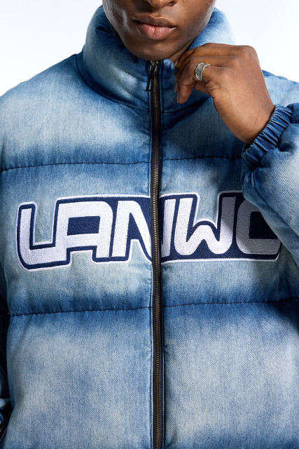 Custom Men's Gradient Denim Puffer Jacket Embroidered Logo Streetwear Winter Coat