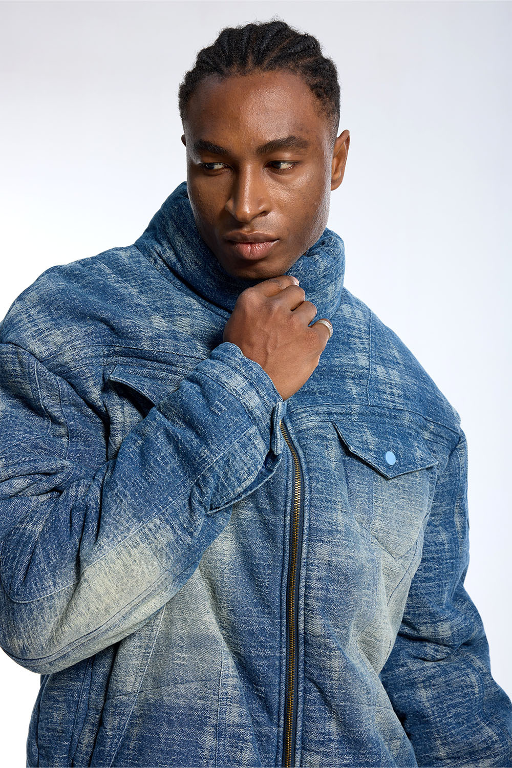 Custom Men's Gradient Denim Puffer Jacket - High Street Quilted Streetwear Winter Coat