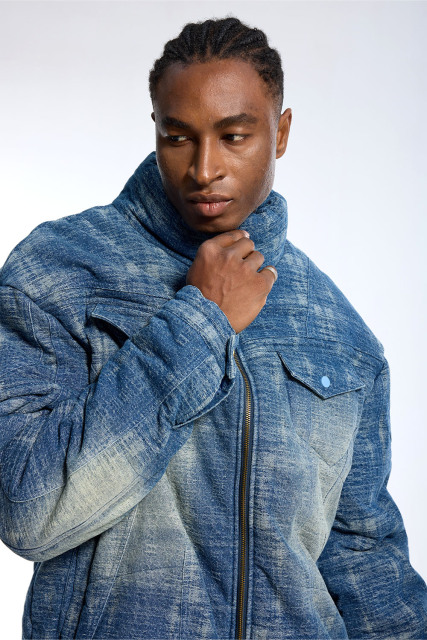 Custom Men's Gradient Denim Puffer Jacket - High Street Quilted Streetwear Winter Coat