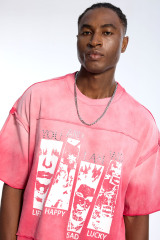 Custom Oversized Pink Gradient Washed Tee - "Happy Sad Lucky" Print High Street Casual Top