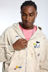Custom Oversized Washed Beige Hoodie - Butterfly Patch & Distressed Rips High Street Zip-Up