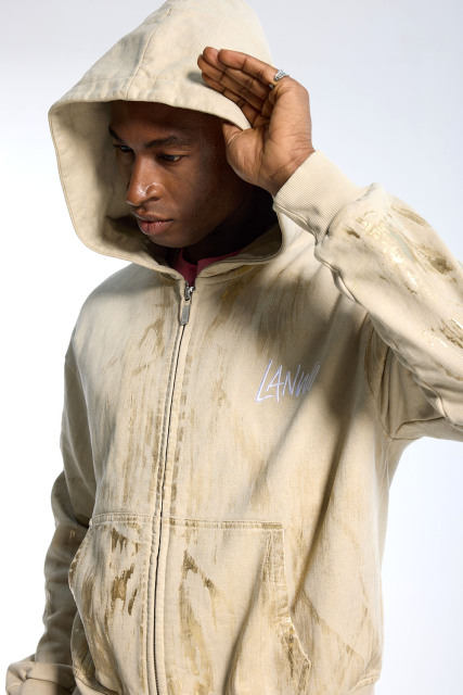 Custom Oversized Washed Beige Hoodie - Gold Brush Stroke Detail High Street Zip-Up