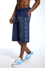 Custom Oversized Washed Navy Shorts - Turquoise Cross Stud Detail High Street Casual Shorts