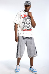 Custom Oversized White T-Shirt - Flame Skull Graphic & Silver Stud Embellishments High Street Top