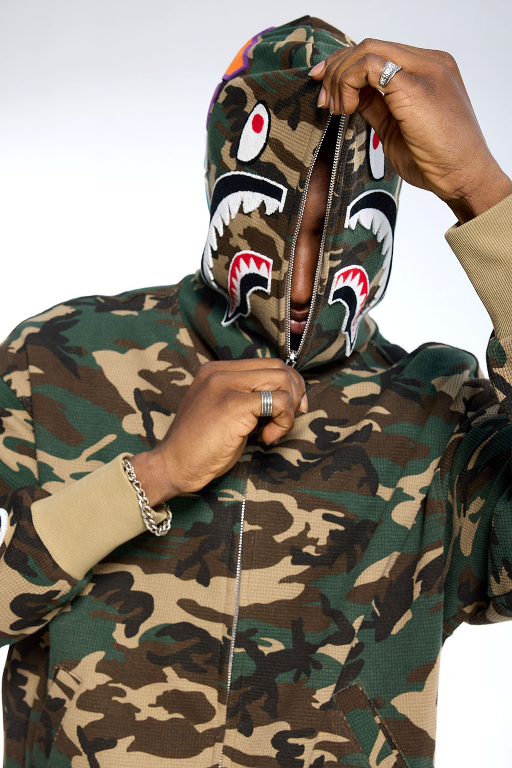 Custom Oversized Camouflage Full Zip Hoodie - Shark Mouth Embroidery High Street Hooded Jacket