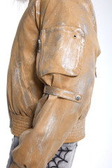 Custom Men's Tan Silver Brush Faux Leather Jacket - Fur Trim Hood Streetwear Bomber