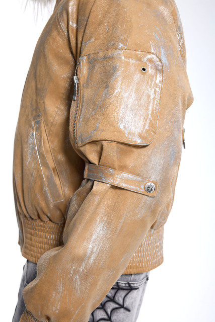 Custom Men's Tan Silver Brush Faux Leather Jacket - Fur Trim Hood Streetwear Bomber