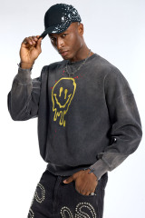 Custom Men's Black Wash Sweatshirt - Drippy Smiley Print & Distressed Detail Streetwear Top