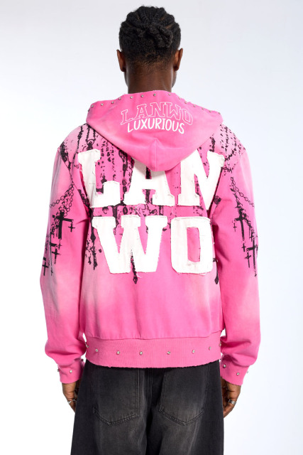 Custom Men's Pink Gradient Zip-Up Hoodie Studded & Chain Print Streetwear Jacket