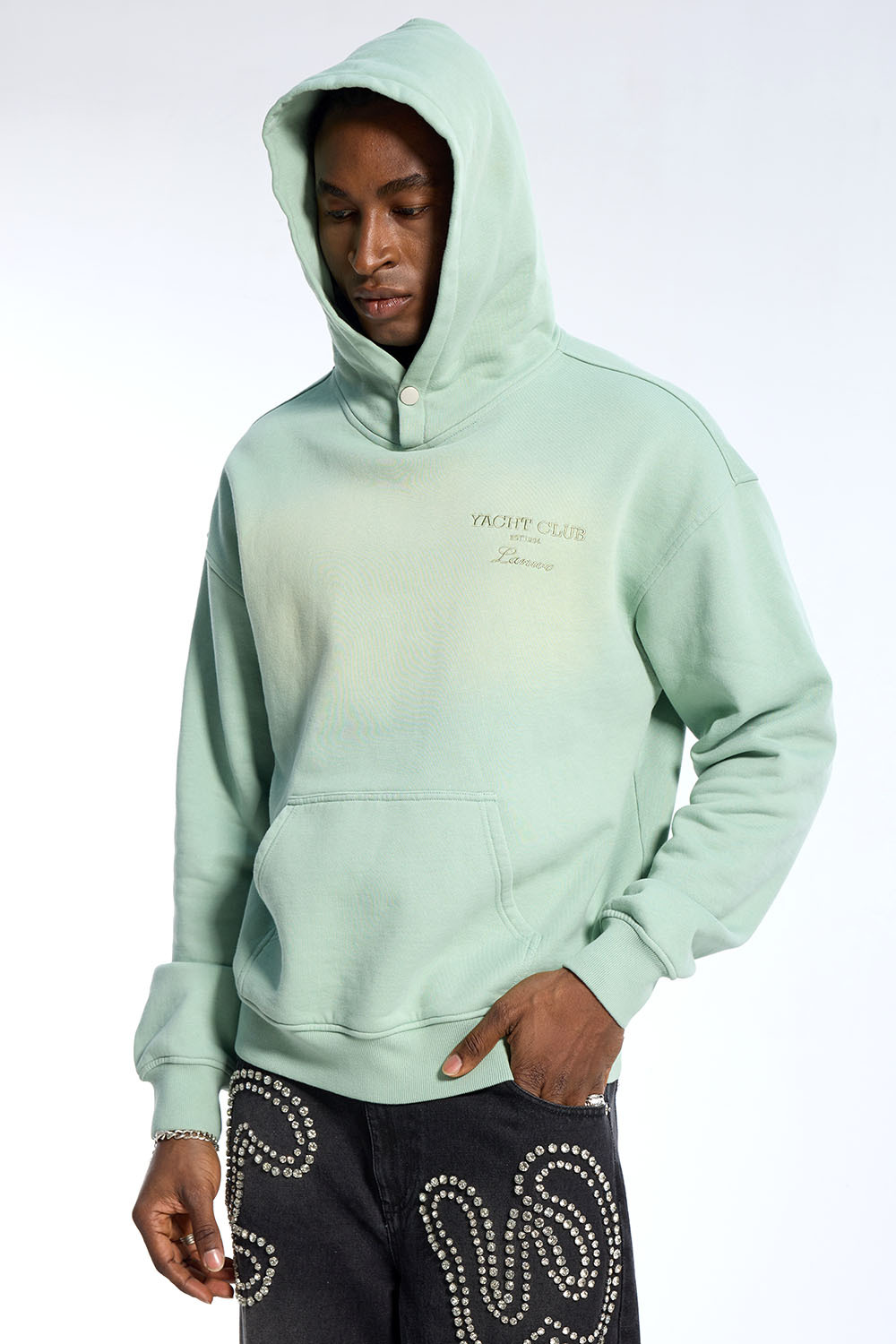 Custom Oversized Mint Gradient Hoodie - Minimalist Embroidery & Snap Button Detail High Street Sweatshirt