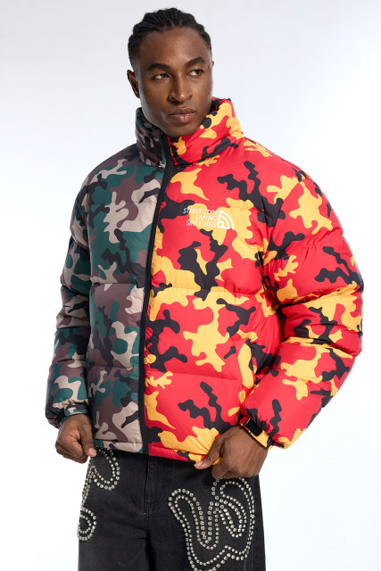 Custom Oversized Split Camo Puffer Jacket - Green & Red Camo High Street Outerwear