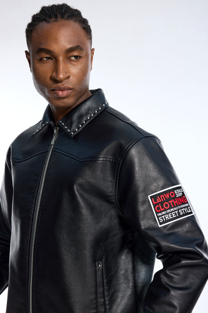 Custom Men's Black Faux Leather 2 Piece Set - Studded Collar Jacket & Slim Pants Streetwear Outfit