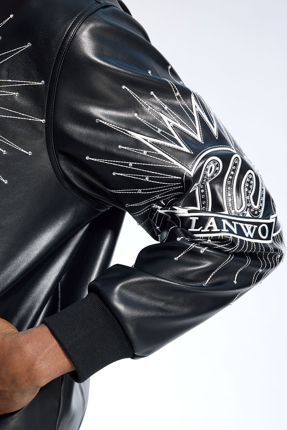 Custom Oversized Black Leather Biker Jacket - Rhinestone "LW" Graphic High Street Coat