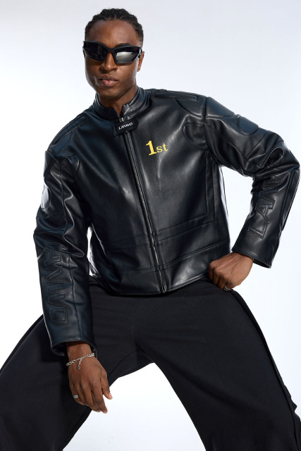 Custom Vintage Black Leather Jacket - Padded Shoulder & Embossed Sleeve Detail