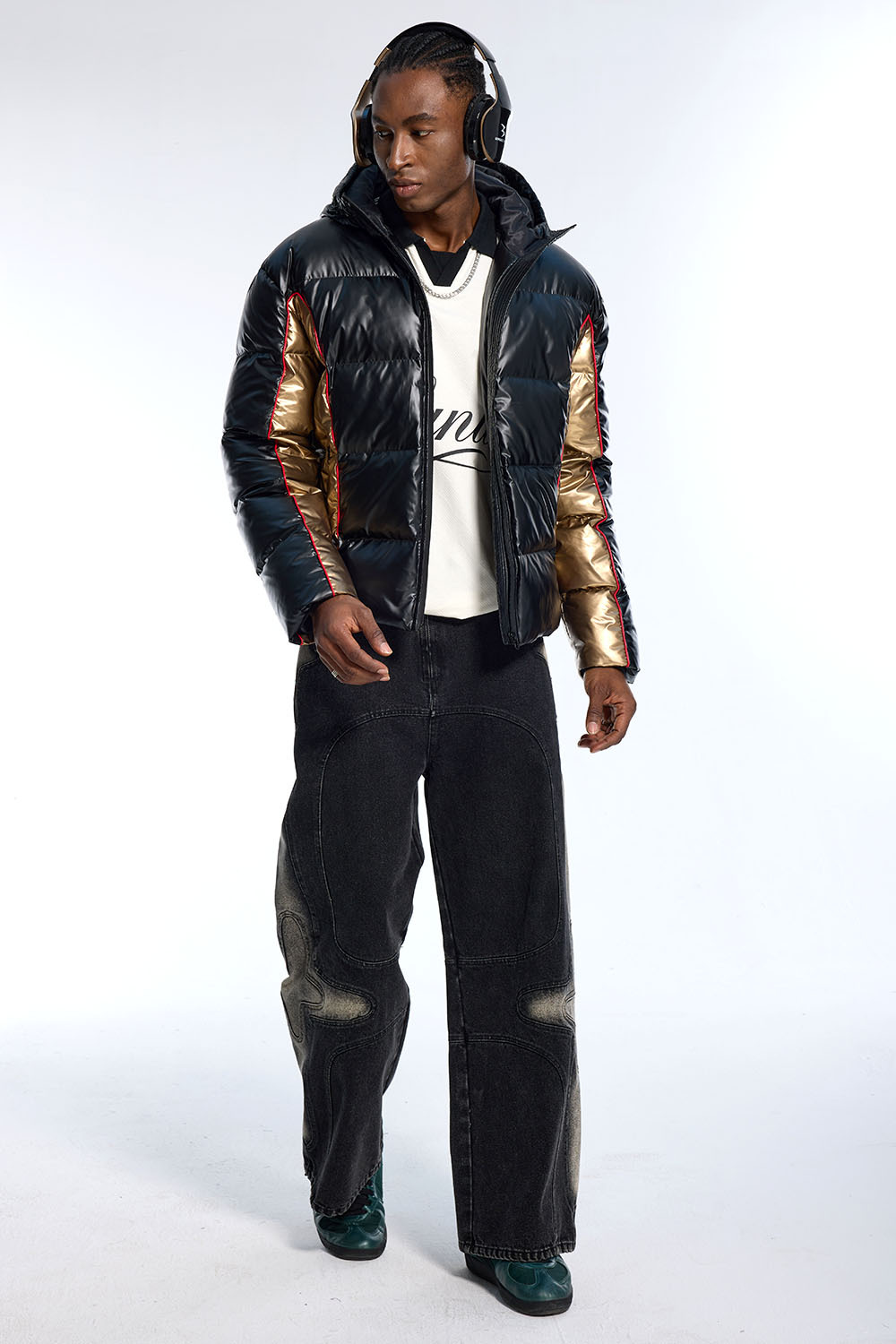 Oversized Metallic Gold Accent Puffer Jacket for Men | Waterproof Winter Hooded Padded Coat