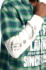 Wholesale Custom Green Plaid Rhinestone Streetwear Shirt - OEM Fake Two-Piece Button Up