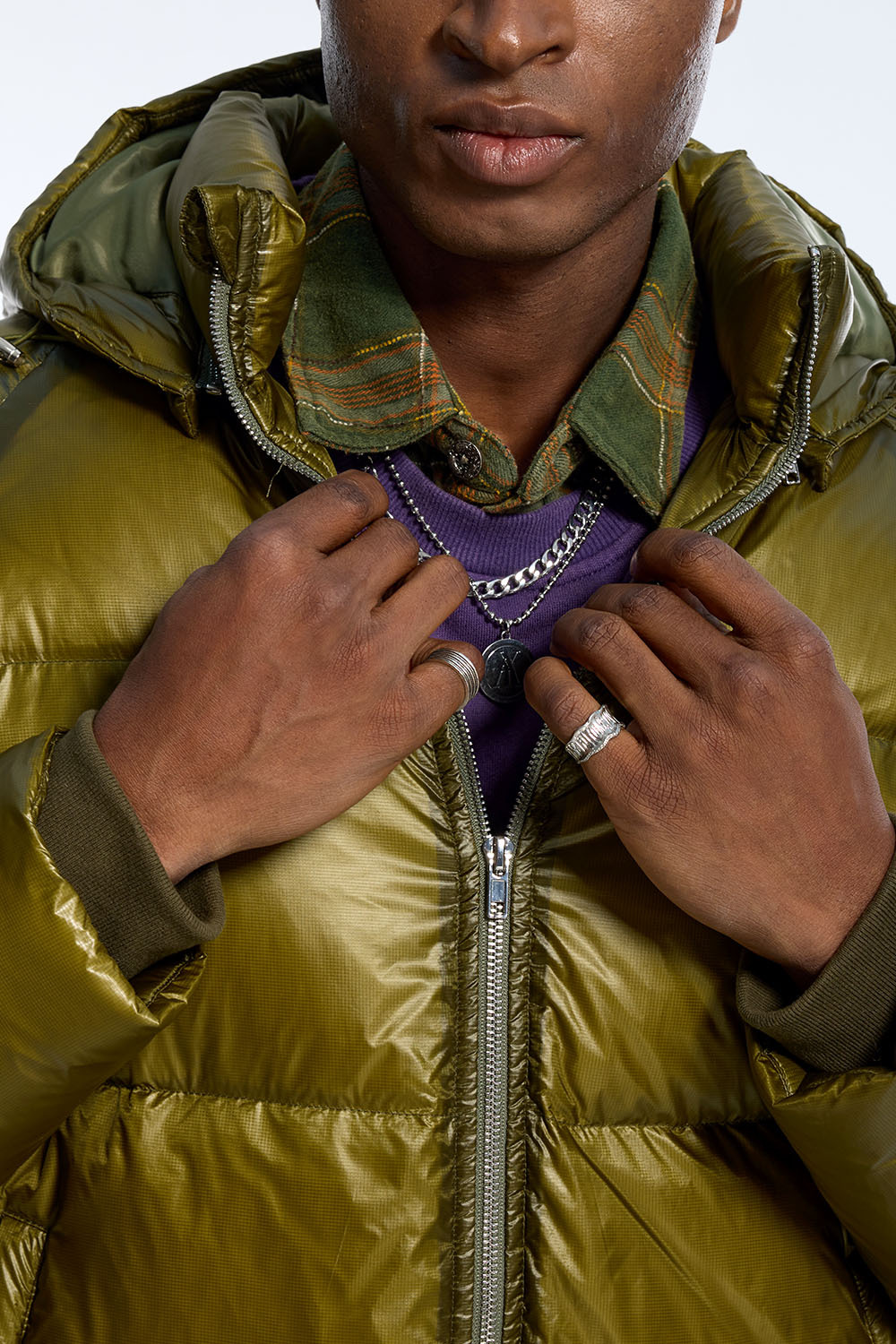 Custom Men's Olive Green Shiny Puffer Jacket - Cropped Hooded Winter Padded Coat